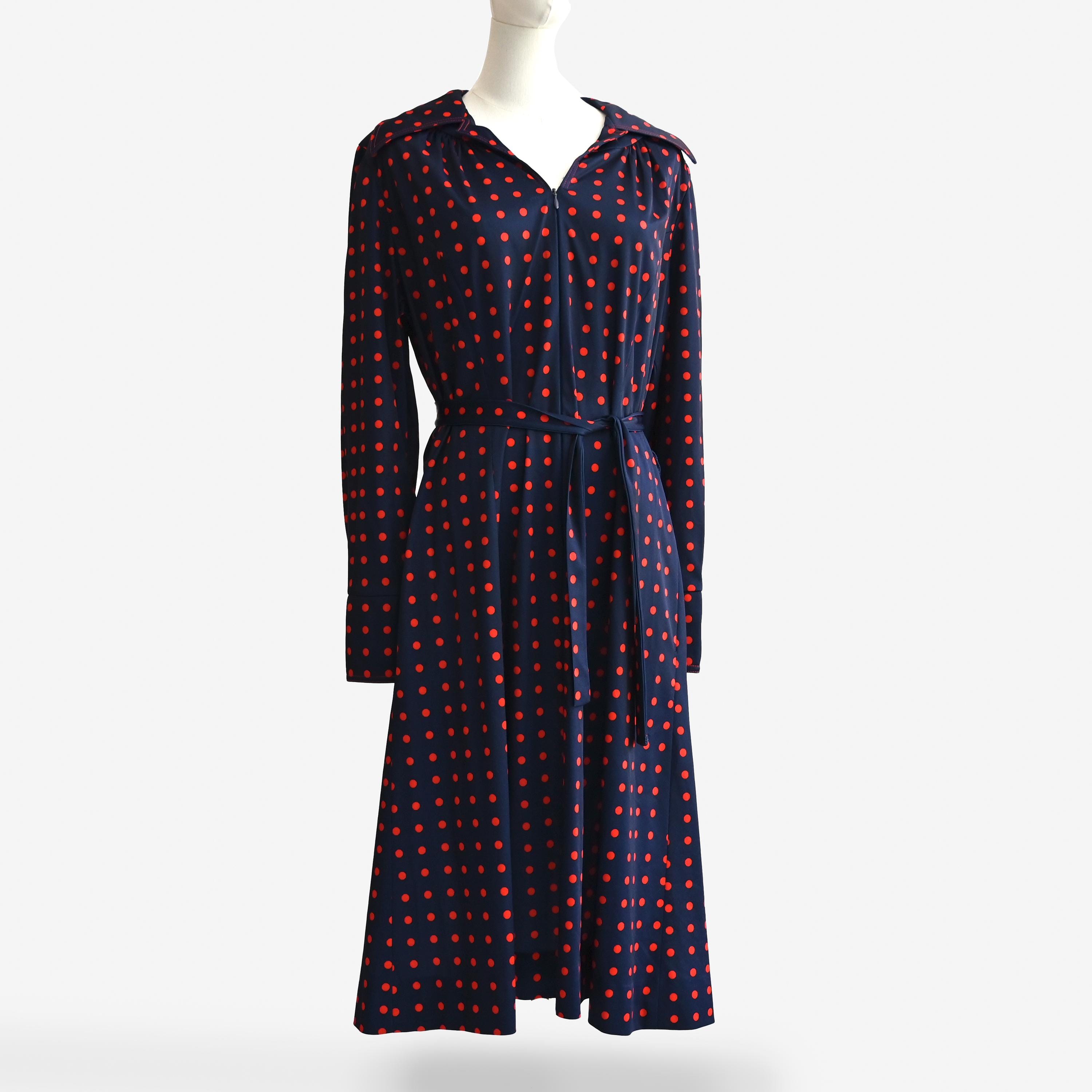 1970s Polka Dot Shirt Dress: Navy Blue Vintage Belted Day Dress - Etsy