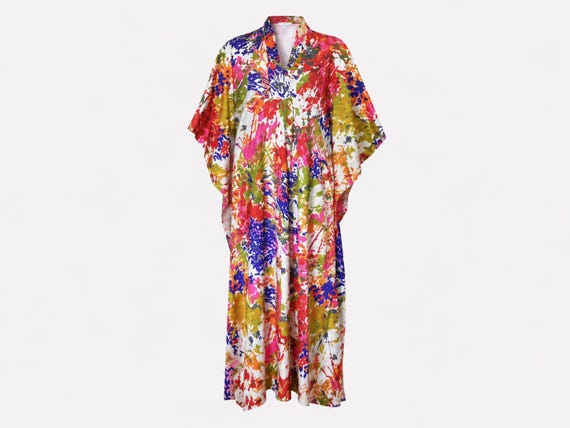 1960s Floral Caftan Maxi Dress | Bright Floral Print Hostess Lounge Caftan | Boho Resort Cover Up
