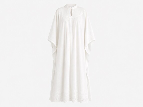 1960s Caftan-style Maxi Dress | White Cotton Crepe Fabric | OSFA
