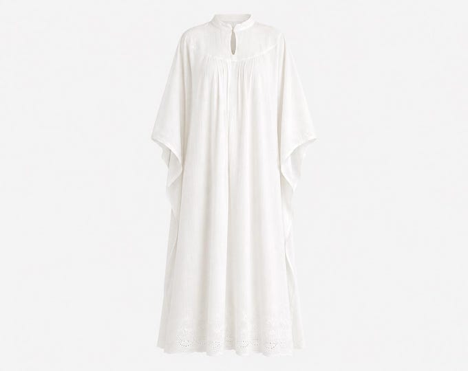 1960s Caftan-style Maxi Dress | White Cotton Crepe Fabric | OSFA