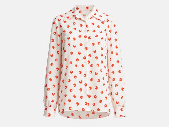1970s Mod Blouse | Abstract Red Dot Print and Dagger Collar | Size Medium