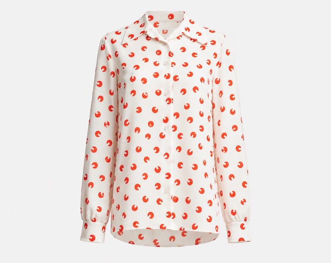 1970s Mod Blouse | Abstract Red Dot Print and Dagger Collar | Size Medium