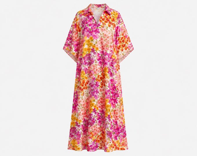 1960s Barkcloth Caftan Maxi Dress | Psychedelic Floral Print | OSFA