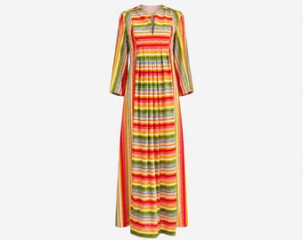 1970s  Loungewear by Tiffany Rainbow Stripe Terrycloth Maxi Dress | Colorful Boho Lounge Dress | Will Fit Extra-small and Small