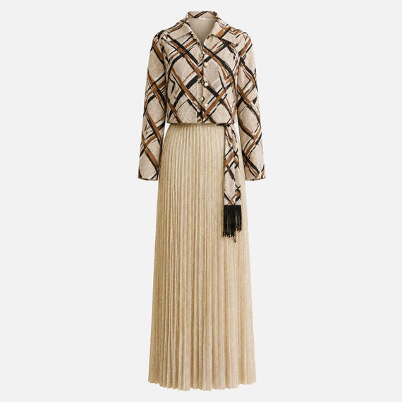 1970s Sleeveless Maxi Gown and Jacket | Brown Plaid Lamé Knit Fabric | Will Fit Extra-small and Small