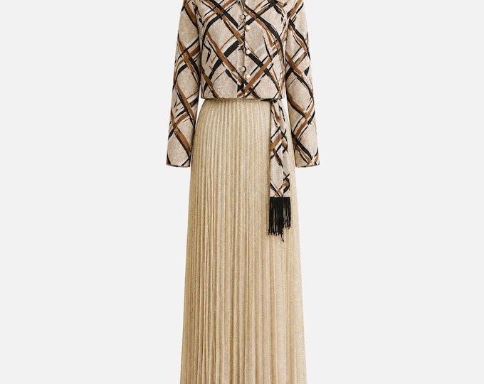 1970s Sleeveless Maxi Gown and Jacket | Brown Plaid Lamé Knit Fabric | Will Fit Extra-small and Small