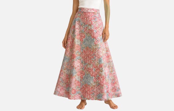 1970s Quilted Full Sweep Maxi Skirt | Metallic Thread Floral Fabric | Amazing 100 Inch Sweep | Will Fit Large