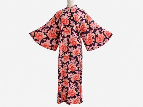 1960s Elaine Sklar Maxi Dress with Angel Sleeves | Asian-style Floral Fabric | Will Fit Small and Medium