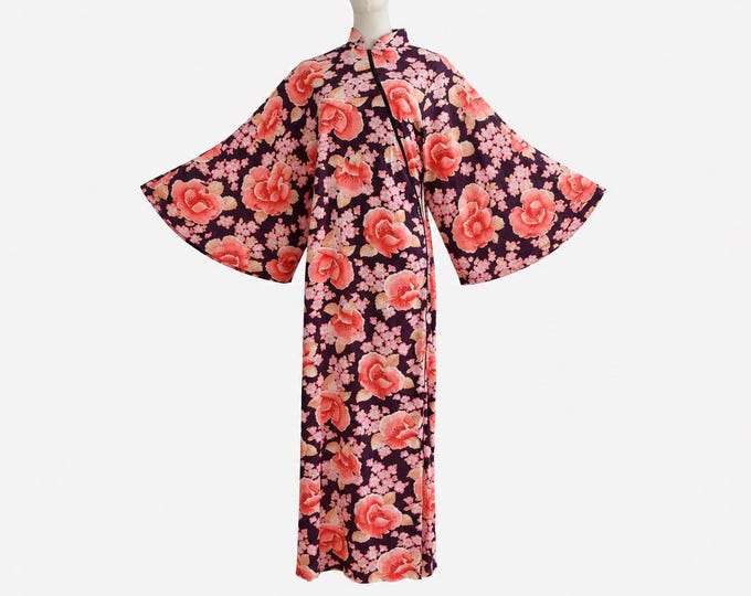 1960s Elaine Sklar Maxi Dress with Angel Sleeves | Asian-style Floral Fabric | Will Fit Small and Medium