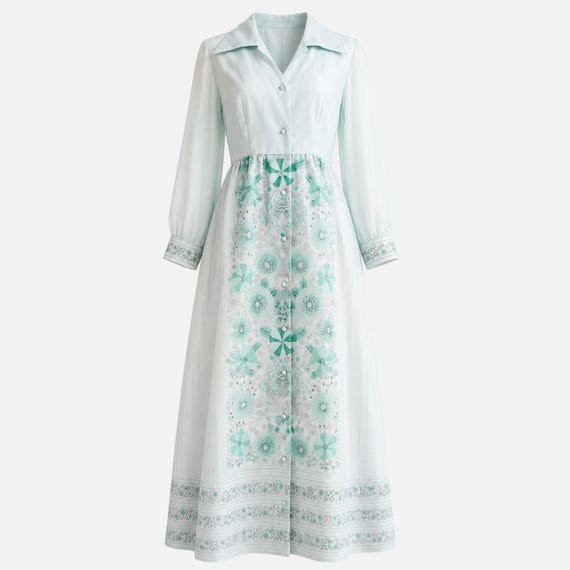 1970s Alfred Shaheen Maxi Dress | Silver and Green Floral Signed Fabric | Vintage Size 14 (Modern Size 10)
