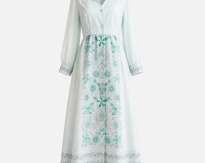 1970s Alfred Shaheen Maxi Dress | Silver and Green Floral Signed Fabric | Vintage Size 14 (Modern Size 10)