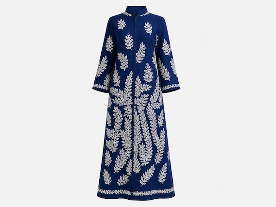 1970s David Brown Maxi Dress | Navy and White Paisley Fabric | Size Large