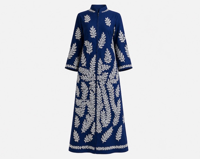 1970s David Brown Maxi Dress | Navy and White Paisley Fabric | Size Large