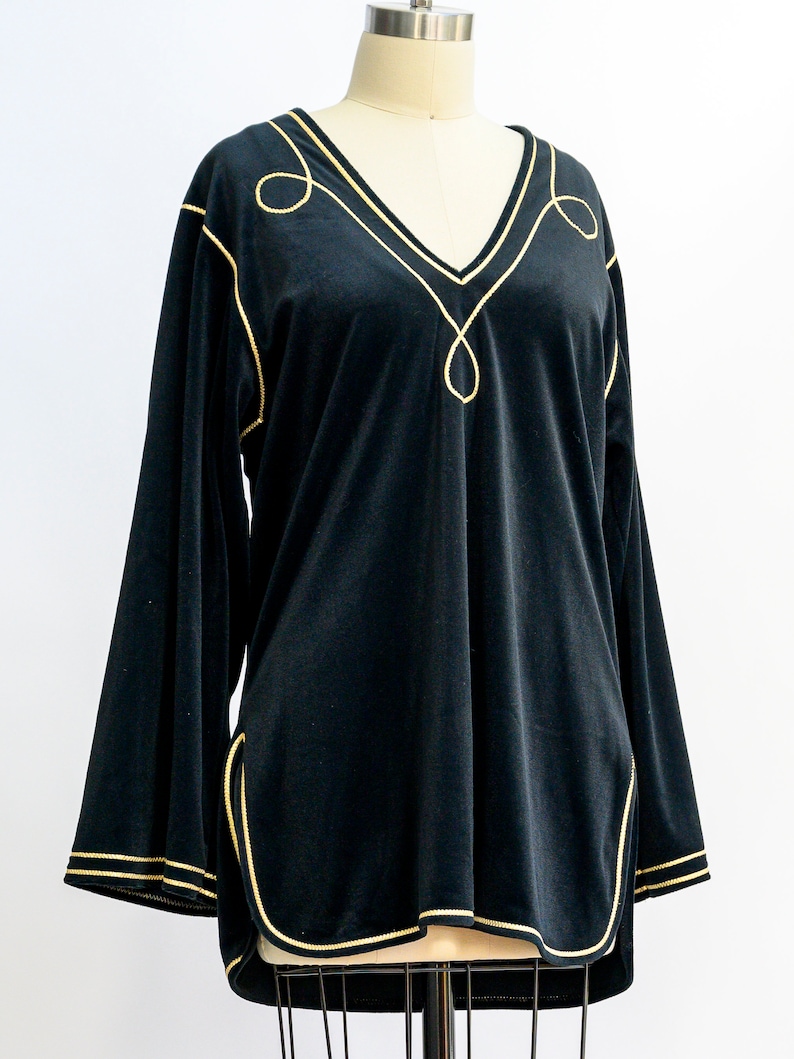 Vintage Bill Tice velvet tunic from the 1980s. Stunning black tunic with gold piping. Luxurious and soft. Wear with leggings for a chic look image 5