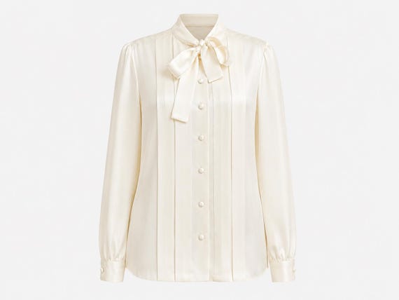 1980s Neiman Marcus Pussy Bow Blouse | Cream Satin Fabric | Size 10