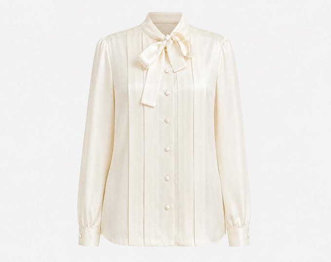 1980s Neiman Marcus Pussy Bow Blouse | Cream Satin Fabric | Size 10