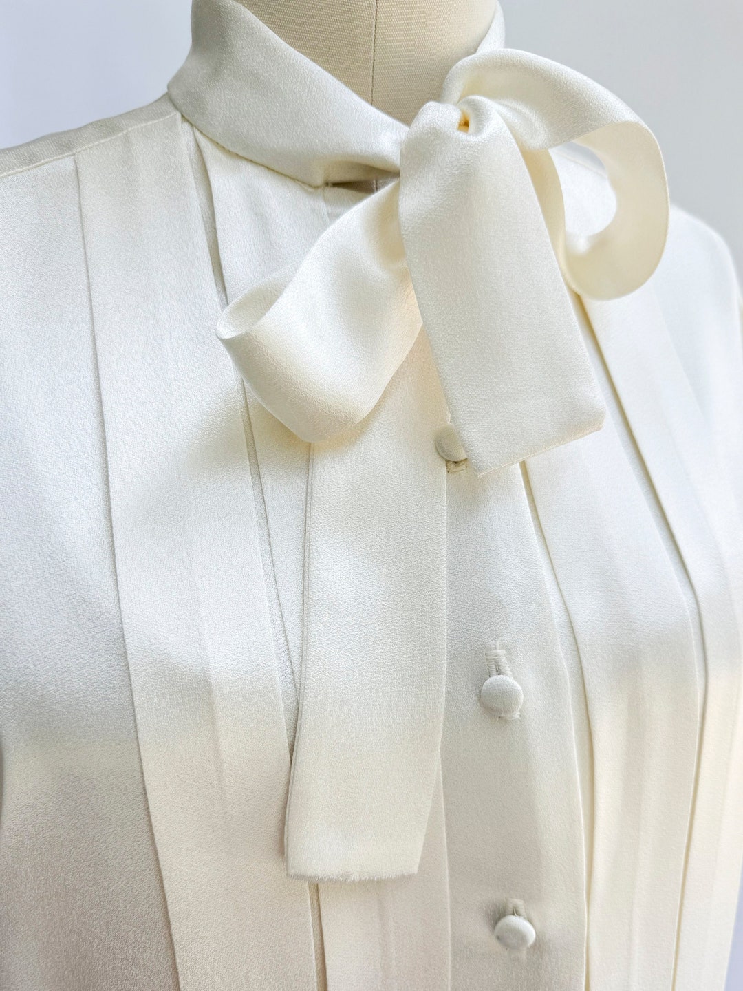 Vintage Neiman Marcus, Cream Satin Pleated Blouse With Self Tie. Pussy
