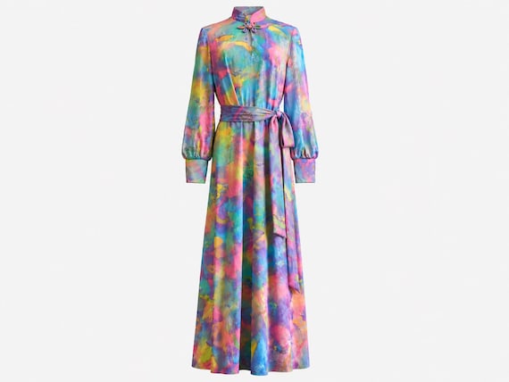 1970s Tori Richard Maxi Dress | Tie-Dye Watercolor Evening Dress with Frog Closure | Vintage Size 12 (Modern Size 10)