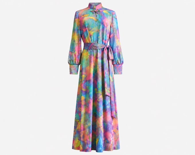1970s Tori Richard Maxi Dress | Tie-Dye Watercolor Evening Dress with Frog Closure | Vintage Size 12 (Modern Size 10)