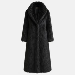May include: A long, black faux fur coat featuring a wide, plush shawl collar and long sleeves. The coat has a straight, full-length silhouette with a textured, shaggy appearance throughout the exterior, providing a consistent dark aesthetic.