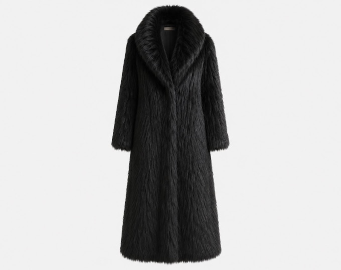 1990s Faux Fur Maxi Coat | Warm Black Fur | Size Medium