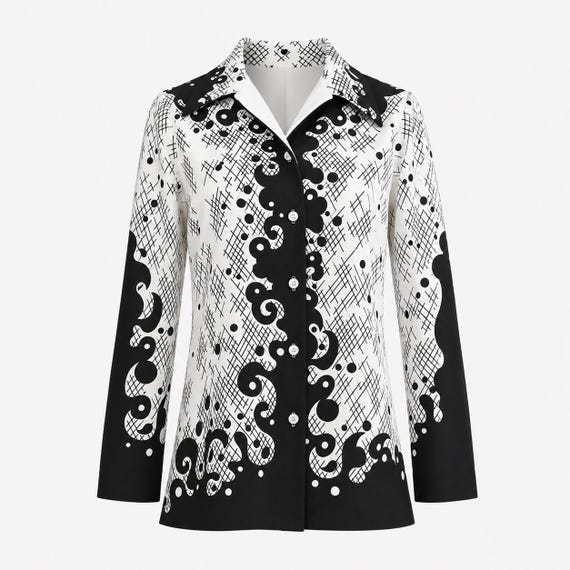 1970s Mod Blouse | Abstract Black and White Print and Dagger Collar | Will Fit Small and Medium