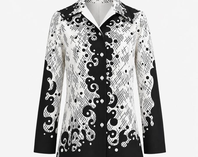 1970s Mod Blouse | Abstract Black and White Print and Dagger Collar | Will Fit Small and Medium