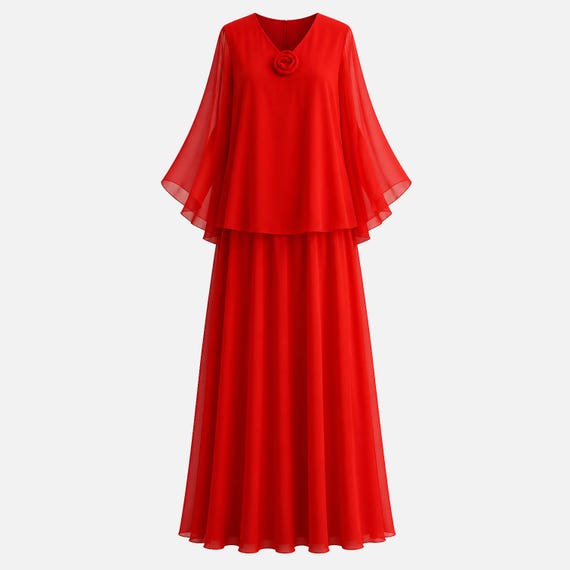 1970s Red Chiffon Maxi Gown with Angel Sleeve Overlay | Empire Waist | Will Fir Medium/large
