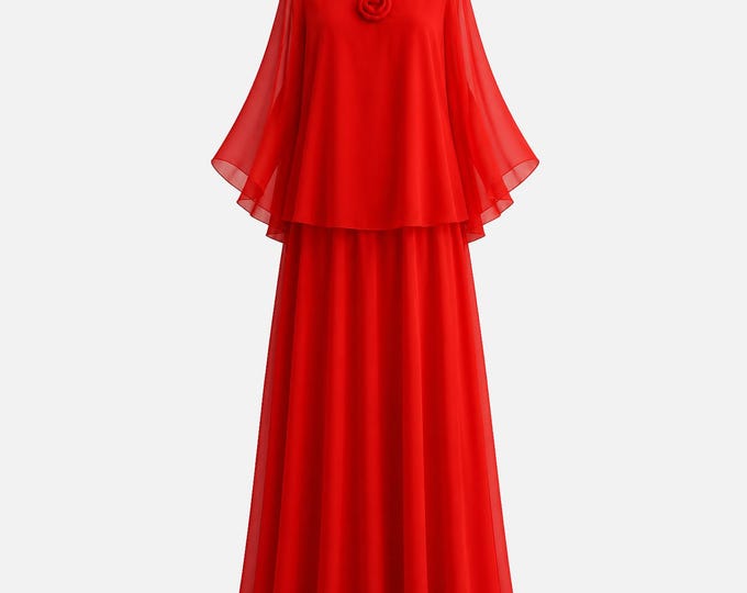 1970s Red Chiffon Maxi Gown with Angel Sleeve Overlay | Empire Waist | Will Fir Medium/large