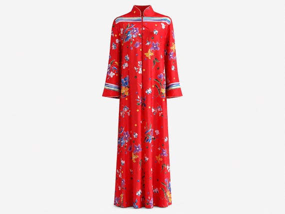 1970s David Brown California Maxi Dress | Red Floral  Fabric | Size Medium