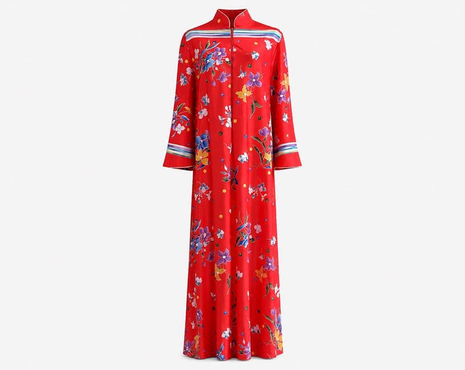 1970s David Brown California Maxi Dress | Red Floral  Fabric | Size Medium