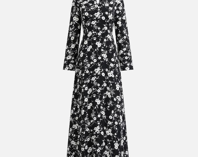 1960s Cheongsam Maxi Dress | Black and White Floral with Mandarin Collar | Size Large