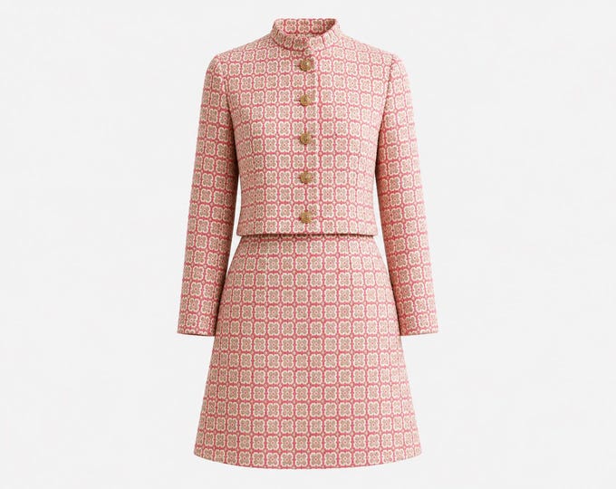 1960s Elinor Simmons for Malcolm Starr Dress and Jacket Set | Heavyweight Cotton Brocade Fabric | Size 6-8