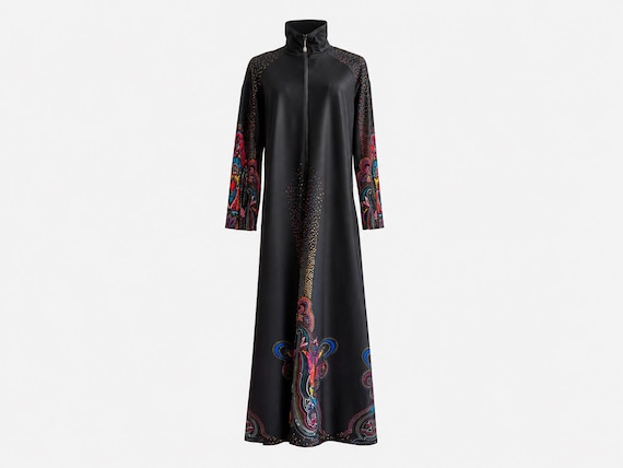 1970s David Brown California Maxi Dress | Black Opart Paisley Fabric | Will Fir Small and Medium (Extra Long Length)