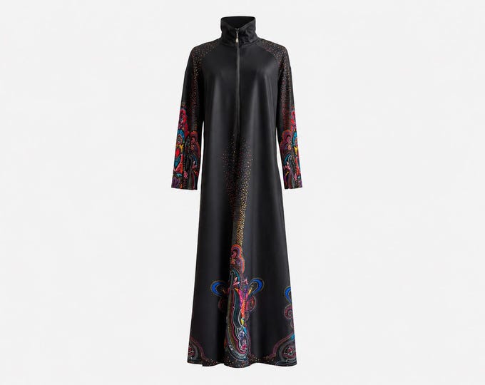 1970s David Brown California Maxi Dress | Black Opart Paisley Fabric | Will Fir Small and Medium (Extra Long Length)