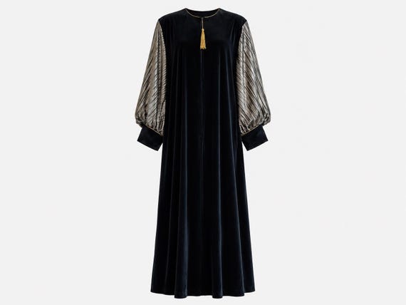 1980s David Brown California Maxi Dress | Black Velvet  and Silver Pleated Lamé Sleeves | NOSWT | Size Medium