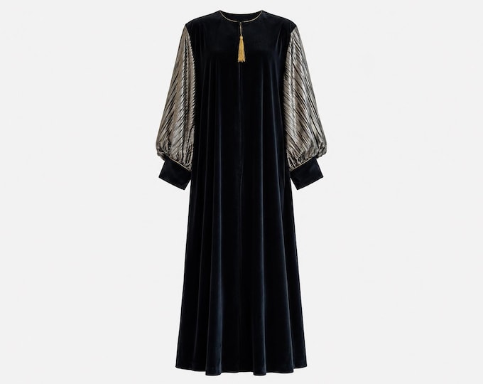 1980s David Brown California Maxi Dress | Black Velvet  and Silver Pleated Lamé Sleeves | NOSWT | Size Medium