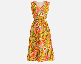 1960s Sleeveless Sundress | Retro Floral Psychadelic Neon | Will Fit Extra-small and Small