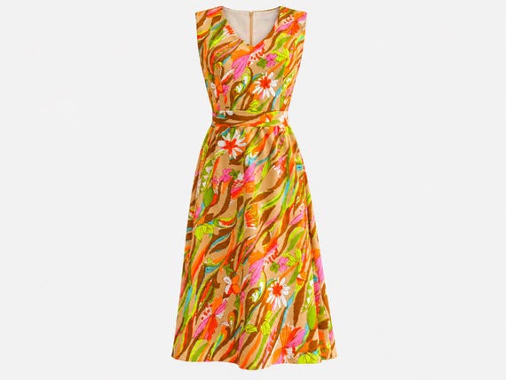 1960s Sleeveless Sundress | Retro Floral Psychadelic Neon | Will Fit Extra-small and Small