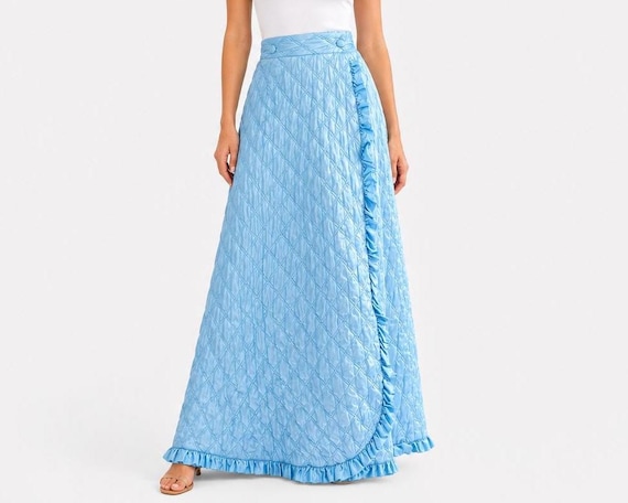 1970s Vassarette Full Sweep Maxi Skirt | Quilted Baby Blue Satin with Frill Detail | Size Large, Adjustable