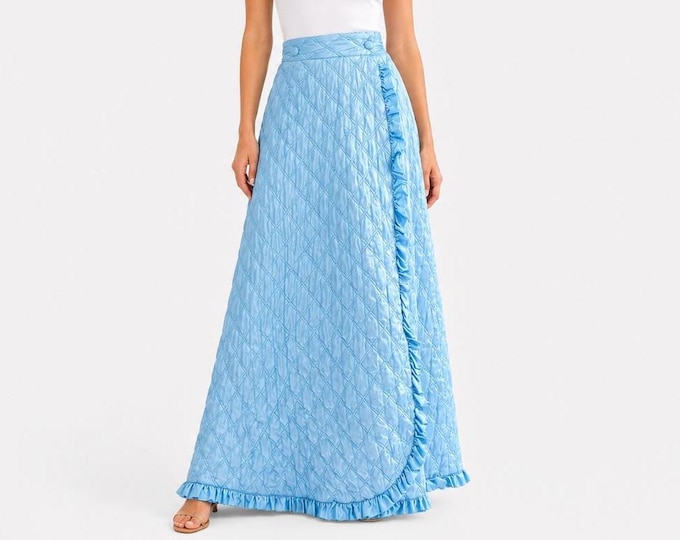 1970s Vassarette Full Sweep Maxi Skirt | Quilted Baby Blue Satin with Frill Detail | Size Large, Adjustable