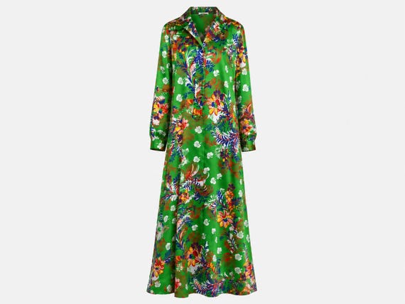 1970s Harmay New York  Archival Maxi Dress | Green Silk Floral Gown | Size Large