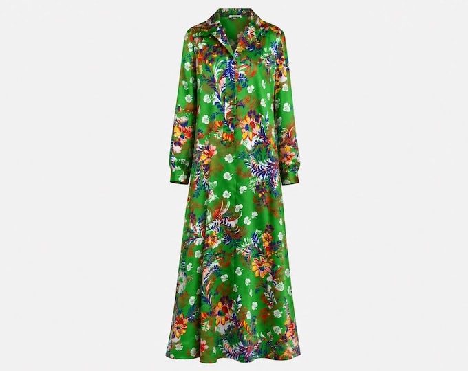1970s Harmay New York  Archival Maxi Dress | Green Silk Floral Gown | Size Large