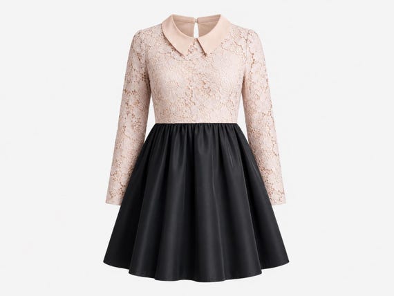 1990s Prada Lace Peter Pan Collar Mini Dress | Blush Floral Bodice Black Taffeta Skirt