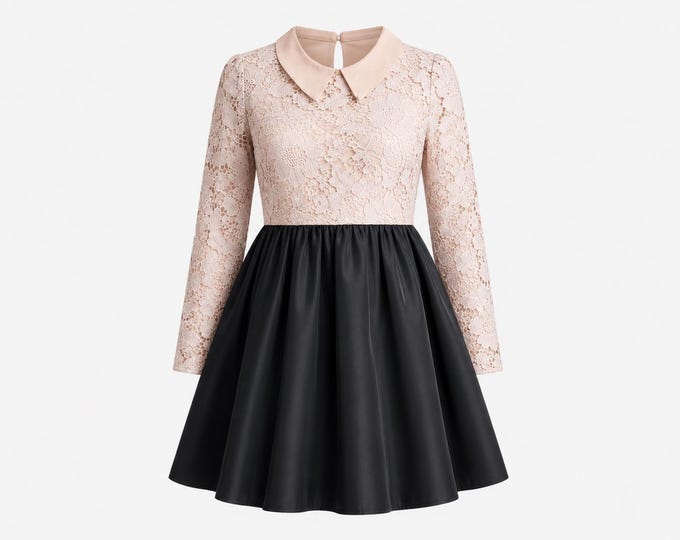 1990s Prada Lace Peter Pan Collar Mini Dress | Blush Floral Bodice Black Taffeta Skirt
