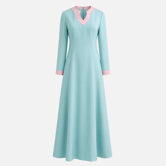 1970s Doncaster Caftan-style Maxi Dress | Pastel Blue and Pink Satin Fabric | Size Medium