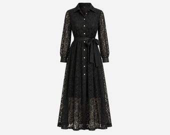 1970s Vintage Image at Home Maxi Gown |  Black Lace with Rhinestone Buttons | Vintage Size 8 (Modern Size 4, 6)