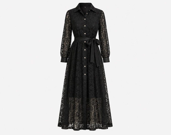 "Image at Home" Hostess Gown in Luxurious Black Lace from the 1970s