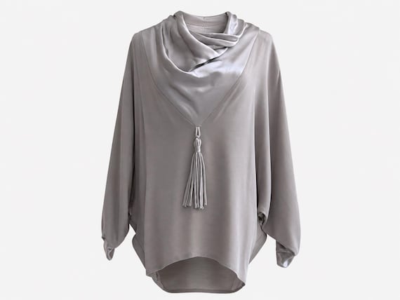 1980s Mark Heister Drape-neck Blouse with Dolman Sleeves | Grey Satin with Tie Back Neck and Huge Front Tassel | Size Large