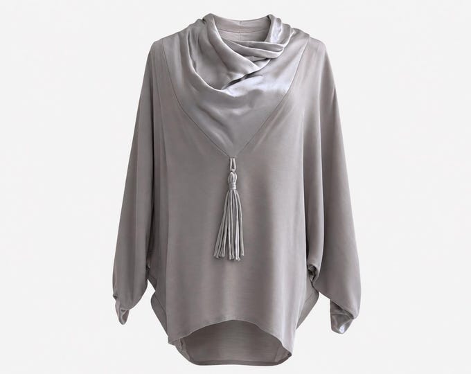 1980s Mark Heister Drape-neck Blouse with Dolman Sleeves | Grey Satin with Tie Back Neck and Huge Front Tassel | Size Large